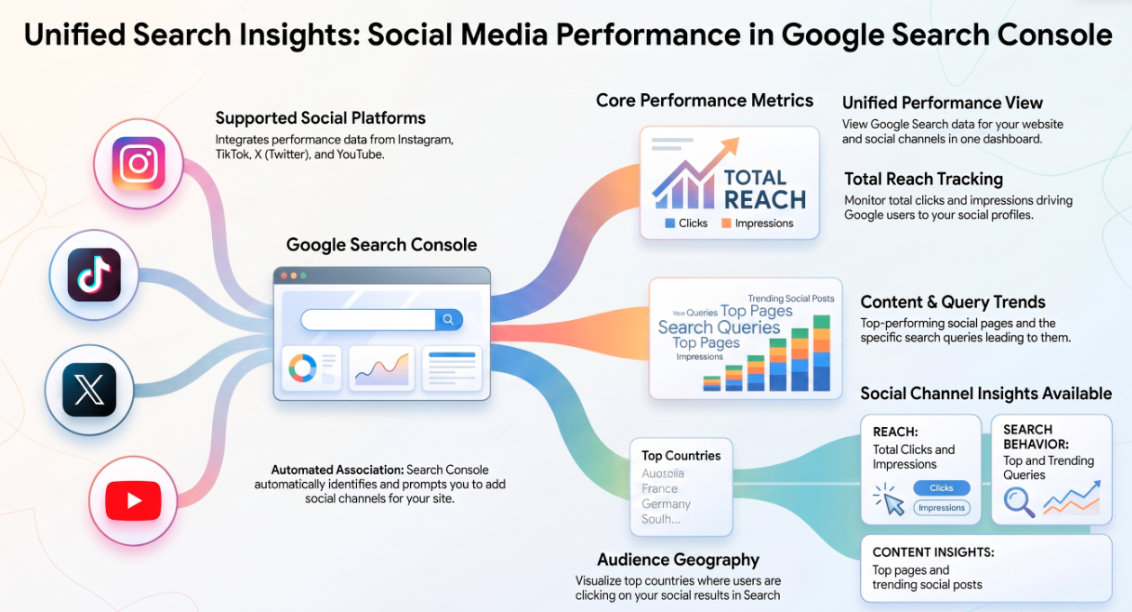 Infographic: Unified Search Insights showing Instagram, TikTok, X, and YouTube performance data flowing into Google Search Console, with total reach tracking, content and query trends, and audience geography reports