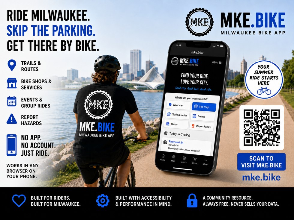 MKE.bike promo: Ride Milwaukee, skip the parking, get there by bike. A rider on the lakefront trail next to a phone showing the app.