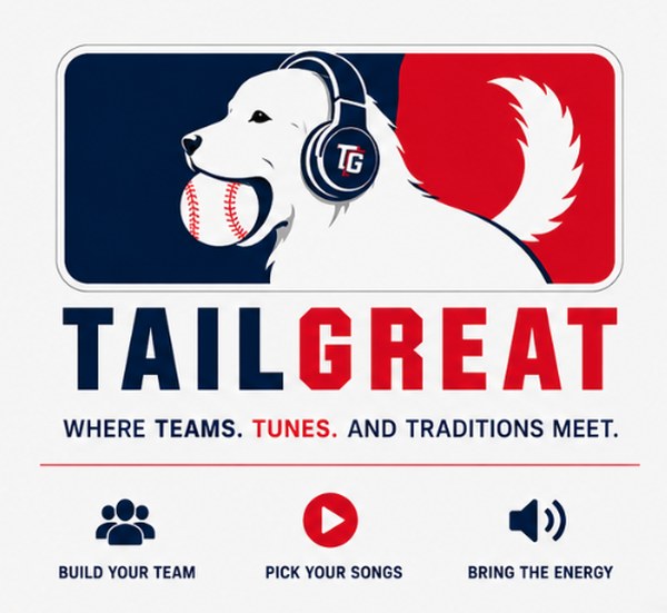 TailGreat logo: a dog wearing headphones with a baseball in its mouth. Where teams, tunes, and traditions meet.